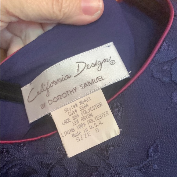 Vintage Navy Lace Dress with Satin Burgundy Belt & Neck trim Dress EUC - Picture 2 of 7